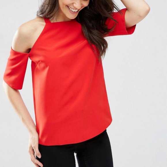 Asos Summer Fall Preppy Casual Chic Cold Shoulder Crepe Tank Top Red Size 8 - Picture 1 of 11
